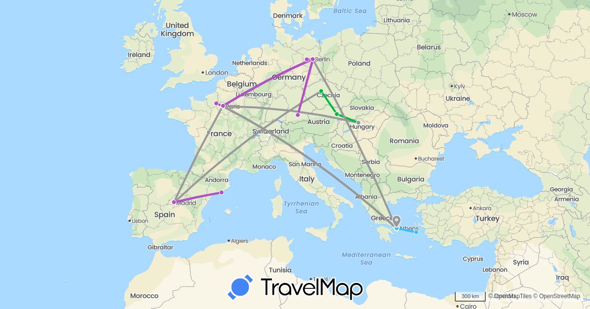 TravelMap itinerary: driving, bus, plane, train, boat in Austria, Czech Republic, Germany, Spain, France, Greece, Hungary (Europe)
